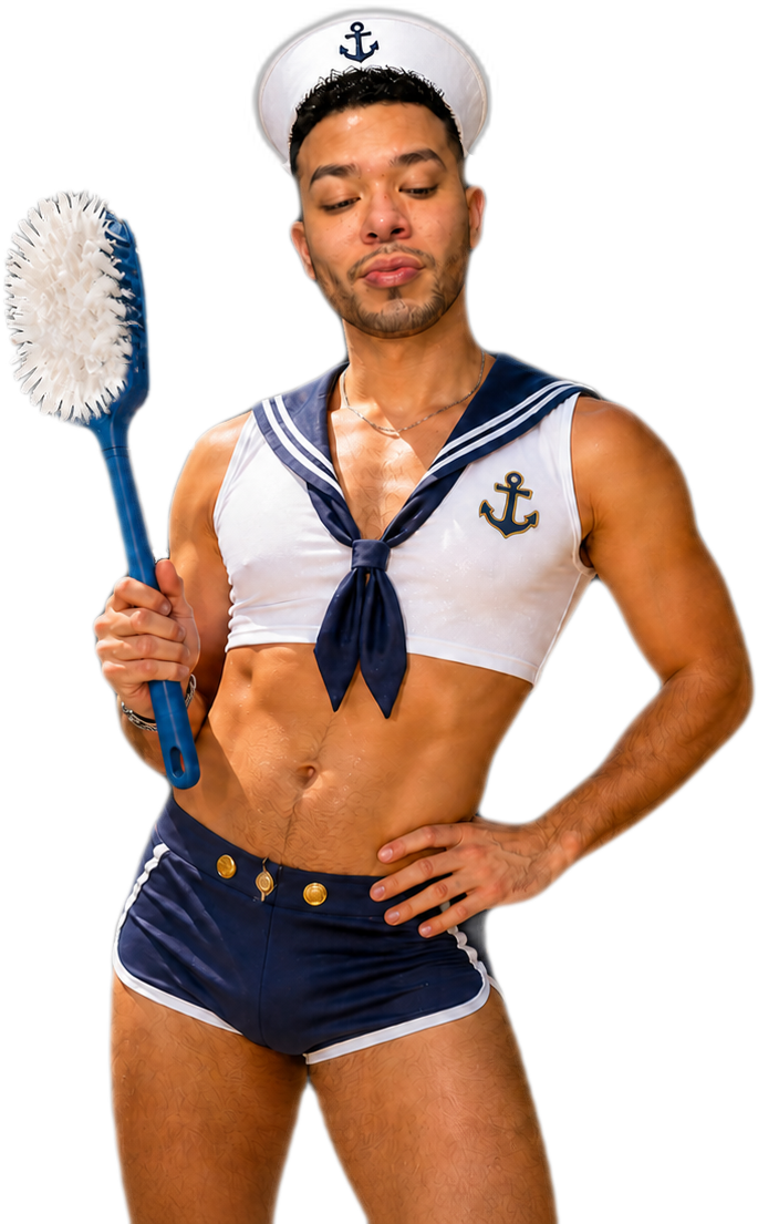 Oscar in sailor uniform holding a cleaning brush